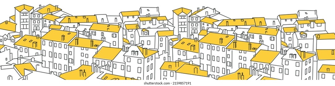 Background with houses with gable roofs. City, town. Horizontal. Hand drawn vector illustration.