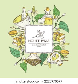 Background with houttuynia: houttuynia flowers and leaves. Houttuynia cordata, Oil, soap and bath salt . Cosmetics and medical plant. Vector hand drawn illustration