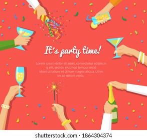 Background with human hands holding glasses of champagne and other drinks, holding exploding cracker and Bengal fire. Holiday and celebration concept. Can be used for ad, web design, card etc.