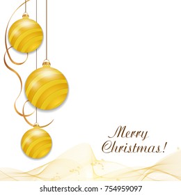 Background with hung yellow Christmas balls. Decorative baubles isolated on white background for holiday design. Vector illustration.