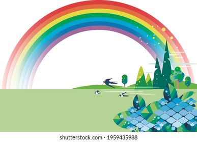 background of hydrangea and rainbow after rain