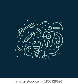Background hygiene and brushing your teeth. Hand-drawn poster of a toothbrush, toothpaste and dental floss, teeth. The concept of care for the oral cavity. Vector illustration