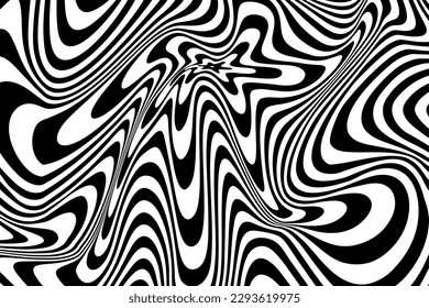 Background Hypnotic Illusion with Liquid Black and White Color. Optical Psychedelic Swirl with Monochrome Fluid Flow. Abstract Design Op Hypnosis. Vector Illustration.