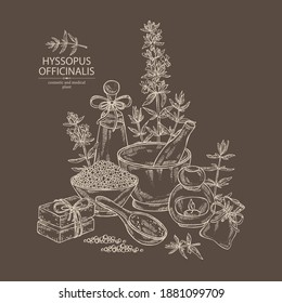 Background with hyssopus officinalis: hyssop flowers and branchand oil, soap ,bath salt . Cosmetics and medical plant. Vector hand drawn illustration