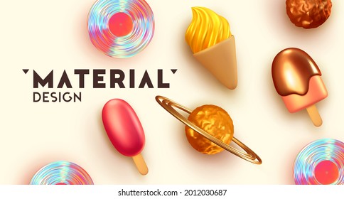 Background with ice cream. Abstract Realistic 3d design of objects. Poster, Summer banner, web template. Vector illustration