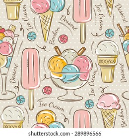 Background with  ice cream and bonbons.
Ideal for printing onto fabric and paper or scrap booking.