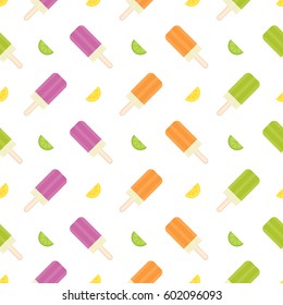 Background with ice cream and slices of lemon and lime. Seamless pattern.