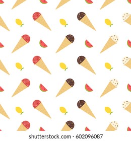 Background with ice cream and slices of watermelon and lemons. Seamless pattern.