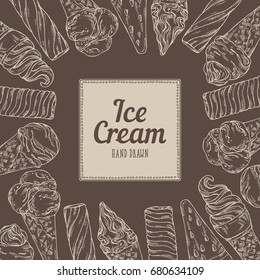 Background with ice cream . Vector hand drawn illustration