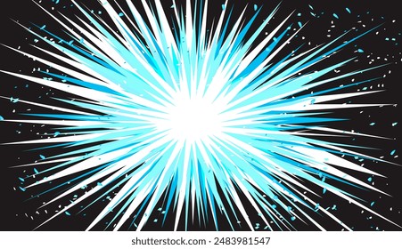 Fondo con la explosión de hielo en el espacio exterior. Destrucción o brote. Explosión de color blanco-azul sobre un fondo negro del espacio. Imagen de Vector en estilo manga y anime.