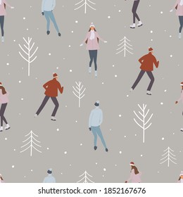 Background with ice rink with various people skating. Winter ice rink party with cartoon characters and falling snow. Crowd of people dressed in winter clothes ice skating on rink. Vector illustration