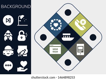 background icon set. 13 filled background icons.  Collection Of - Boat, Chat, Hand, Avatar, Injection, Hermit crab, Lock, Next, Shower, Phone, Group, Binary code, Mobile
