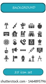 background icon set. 25 filled background icons.  Collection Of - Lamp, Rifle, Pharmacy, Sport bag, Apple, Tape, Kettle, Swimming pool, Shorts, Gloves, Cpu, Tap, Phone, Package