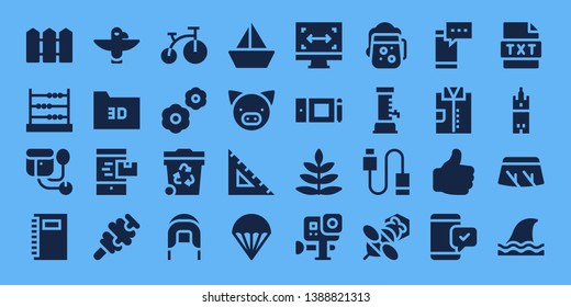 background icon set. 32 filled background icons. on blue background style Simple modern icons about  - Fence, Abacus, Sphygmomanometer, Notebook, Totem, Folder, Smartphone, Ice cream