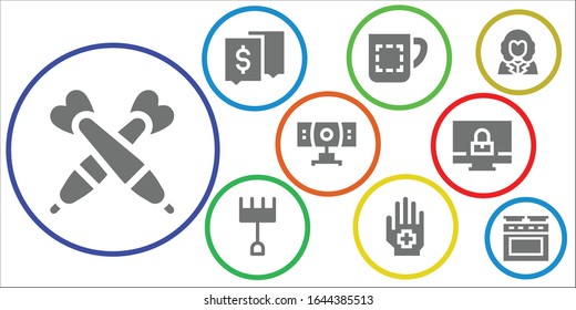 conjunto de iconos de fondo. 9 iconos de fondo rellenos.  Iconos modernos sencillos, como: Dardos, Chat, Mug, Rake, Mano, Webcam, Computadora, George washington, Horno