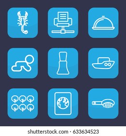 Background icon. set of 9 outline background icons such as scorpion, tree, boat, hair brush, nail polish, dish, passport, crawling baby