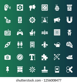 background icon set. Collection of 36 filled background icons included Cut, Smartphone, Broom, Helm, Night stand, Dummy, Yacht, Bow, Puzzle, Text, Compass, Briefcase, Cheese, Watering can