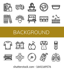 background icon set. Collection of Check, Book, Truck, Rainbow, Flower pot, Board, Megaphone, Egg carton, Surgical tray, Drum, Shirt, Bus stop, Battery, Junction, Bomb, Cd icons