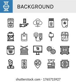 background icon set. Collection of Pottery, Mobile, Knowledge, Book, Wafer, Radioactive, Paint bucket, Fountain pen, Light bulb, Caramelized apple, Bin, Peas, Drum, Screen icons