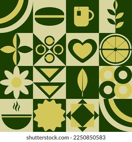 Background of icons in a flat geometric BAUHAS style. Abstract signs. Tea, a cup of tea, lemon, sun. Tea time. Vector illustration.
