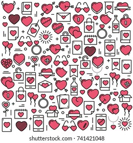 Background with icons and hearts. Vector illustration for Valentines day, wedding, celebration.