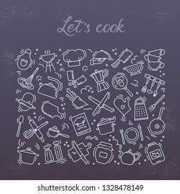 Background from icons on the theme of kitchen and cooking with lettering lets cook. Background for the decoration of the menu of restaurants and cafes.