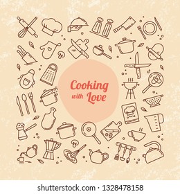 Background from icons on the theme of kitchen and cooking with lettering cooking with love. Background for the decoration of the menu of restaurants and cafes.
