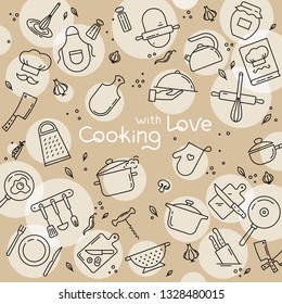 Background from icons on the theme of kitchen and cooking with lettering cooking with love. Background for the decoration of the menu of restaurants and cafes.