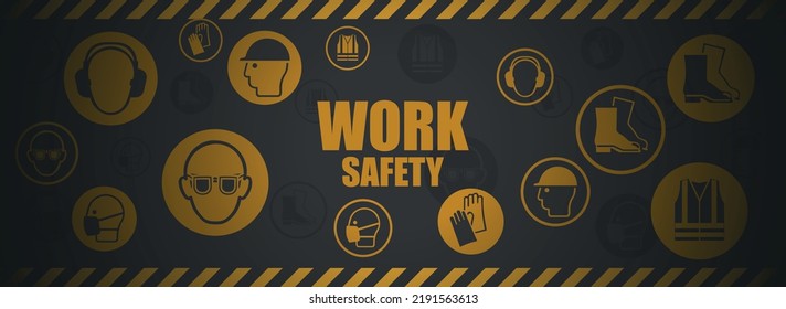 Background of icons, pictograms of industrial safety and occupational health. Personal protection equipment for the prevention of occupational risks and accidents