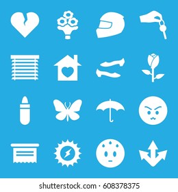 Background icons set. set of 16 background filled icons such as rose, butterfly, lipstick, shoe, angry emot, sweating emot, home with heart, bouquet flower, umbrella