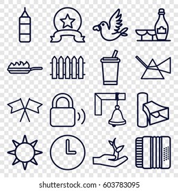 Background icons set. set of 16 background outline icons such as champagne and wine glasses, love bird, volume, harmonic, flag, fence, pan-fry, plant on hand, hotel, bell