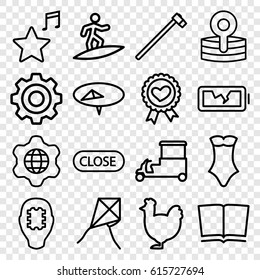 Background icons set. set of 16 background outline icons such as chicken, swimsuit, fast food cart, garden hammer, heart ribbon, medical reflector, favorite music