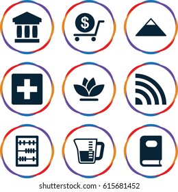 Background icons set. set of 9 background filled icons such as pyramid, book, dollar, flower, abacus, decanted, plus, bank