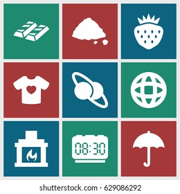Background icons set. set of 9 background filled icons such as strawberry, ground heap, t-shirt with heart, fireplace, globe, digital clock, planet and satellite, umbrella