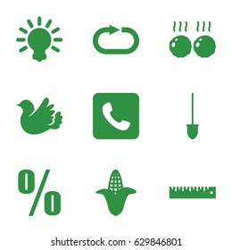 Background Icons Set. Set Of 9 Background Filled Icons Such As Corn, Shovel, Bird, Reload Replay, Call, Ruler, Meat, Bulb