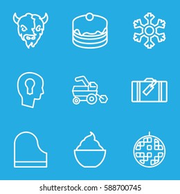 background icons set. Set of 9 background outline icons such as luggage, goat, tractor, cake, milkshake, piano, disco ball, snowflake
