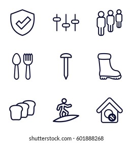 background icons set. Set of 9 background outline icons such as spoon and fork, boot, nail, equalizer, home search, bread, surfing, shield