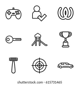 Background icons set. set of 9 background outline icons such as razor, car, key, add user, target, trophy, omega, joystick