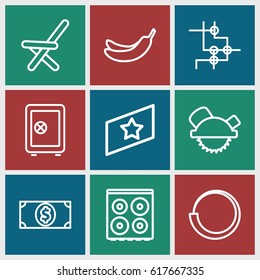 Background icons set. set of 9 background outline icons such as Safe, Banana, cooker, saw blade, outdoor chair, money dollar, rank, loading