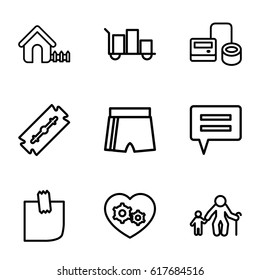 Background icons set. set of 9 background outline icons such as house, razor, blod pressure tool, gear heart, glued note, luggage, old man with child, chat