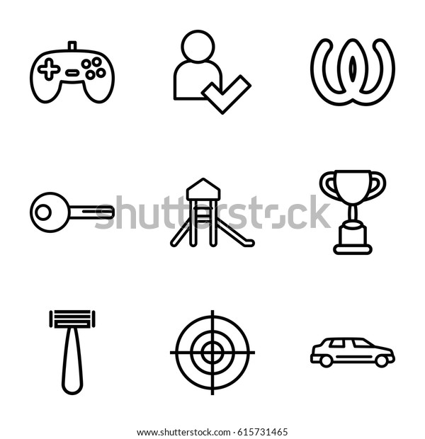 Background\
icons set. set of 9 background outline icons such as razor, car,\
key, add user, target, trophy, omega,\
joystick