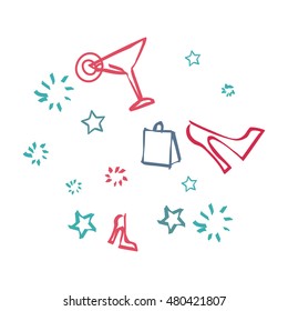 Background with icons symbolizing day off. Sign of bag, cocktail drink, shoe and stars. Dreaming about disco or a cool party. Thoughts to have a good rest in the nearest time. Vector illustration