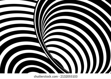 Background illusion optical. Abstract 3d pattern. Black and white line wave. Сurved geometric stripe. Hypnotic op waves. Hypnosis texture. Сurves stripes bg. Wavy design prints. Vector illustration