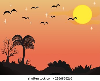 Ilustración de fondo del cielo de la tarde con una combinación de luna amarilla, estrellas, cielo naranja y silueta negra de ave y coco de plantas y arbusto. Vector de paisaje. 