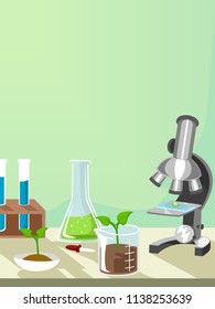 Background Illustration of Agricultural Chemistry Elements from Microscope, Beaker with Seedling, Flask and Test Tubes