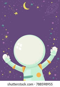 Ilustración de un astronauta con brazos arriba en el espacio ultraterrestre marco de planetas, estrellas y luna
