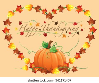 Background illustration of autumn leaves and pumpkins in a heart shape for Thanksgiving
