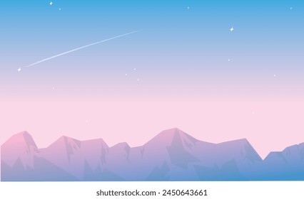 Background illustration of a beautiful gradient sky, shooting stars, and mountains