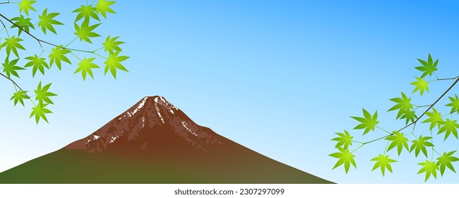 Background illustration of beautiful summer Mt. Fuji in Japan and blue autumn leaves. Vector illustration.