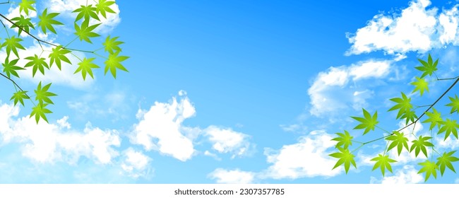 Background illustration of beautiful summer sky with clouds and blue maple leaves. Vector illustration.